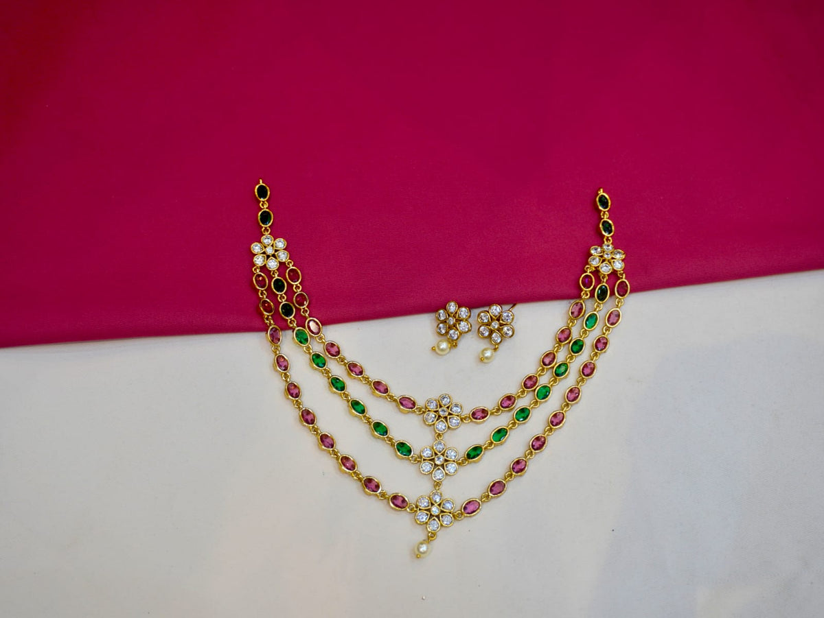 3-Layered Necklace Featuring With Multi-Coloured Stones And Pearl Drops