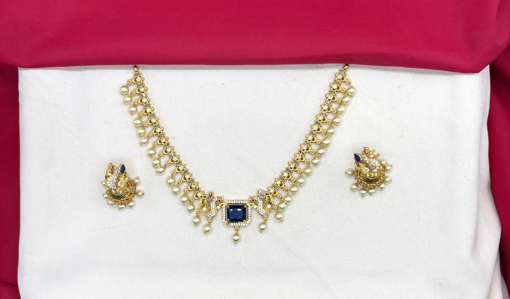 Matte finishing Peacock design with Blue Stone pearls Short Necklace