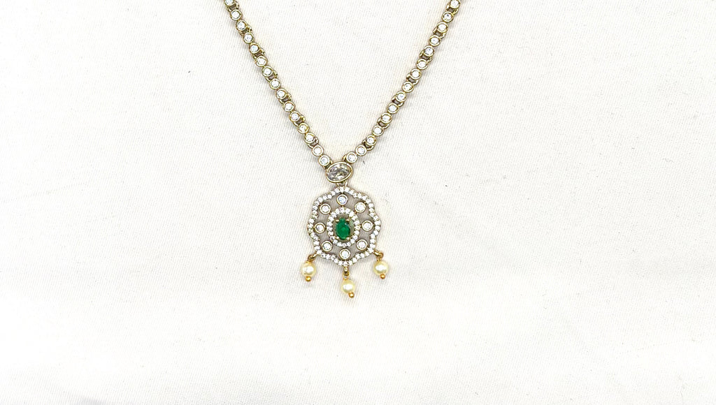 Victorian finishing American Diamonds with central Green stone Short Necklace