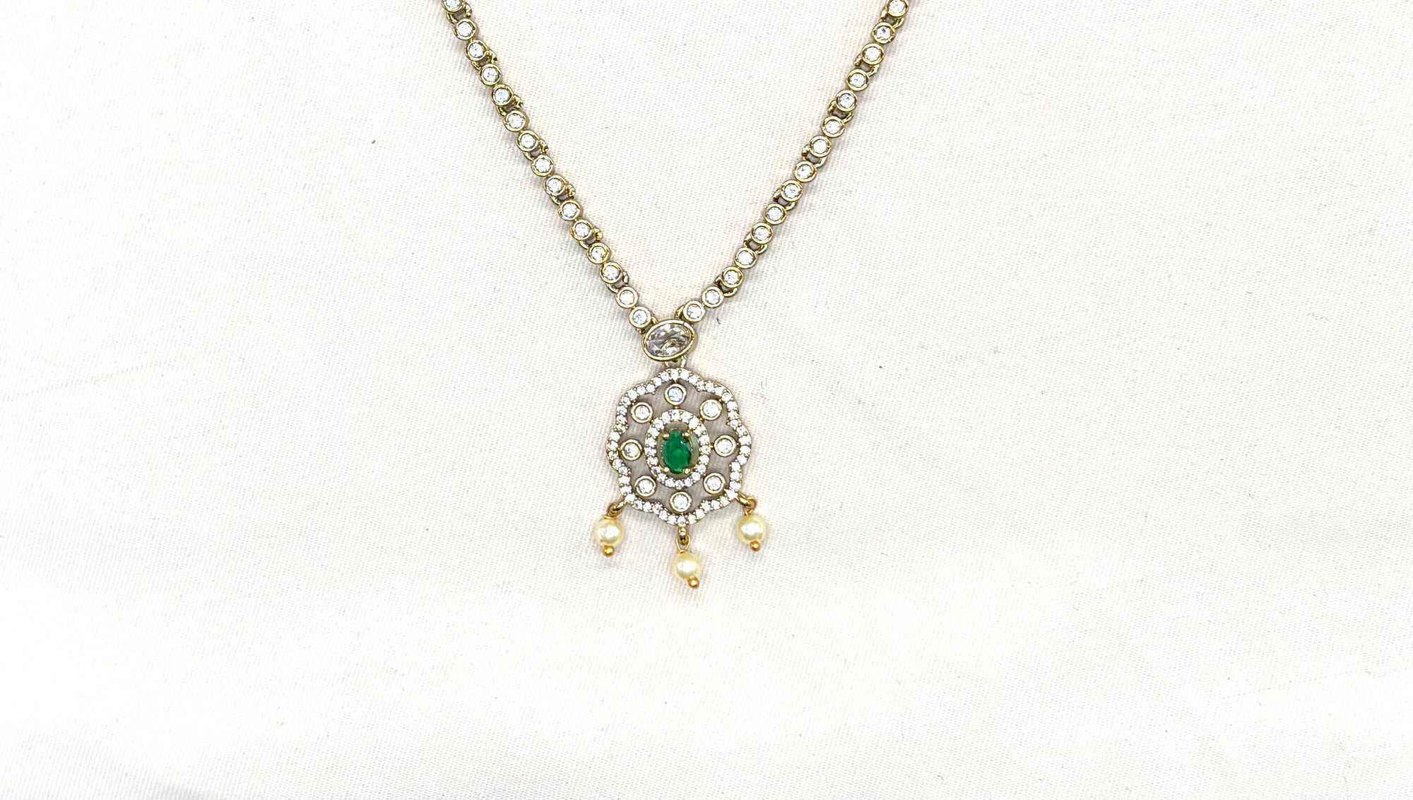 Victorian finishing American Diamonds with central Green stone Short Necklace