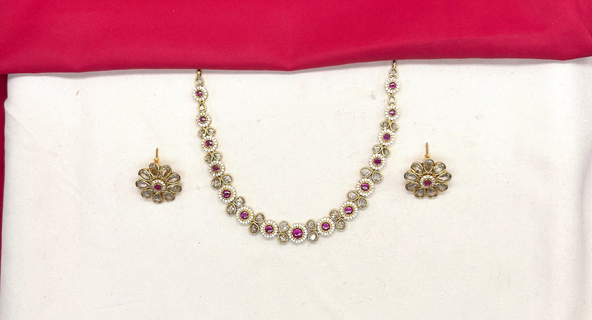 Matte finishing American Diamonds with pink stones Short Necklace
