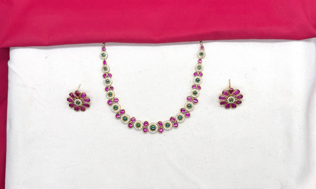 Matte finishing American Diamonds with pink & Green stones Short Necklace