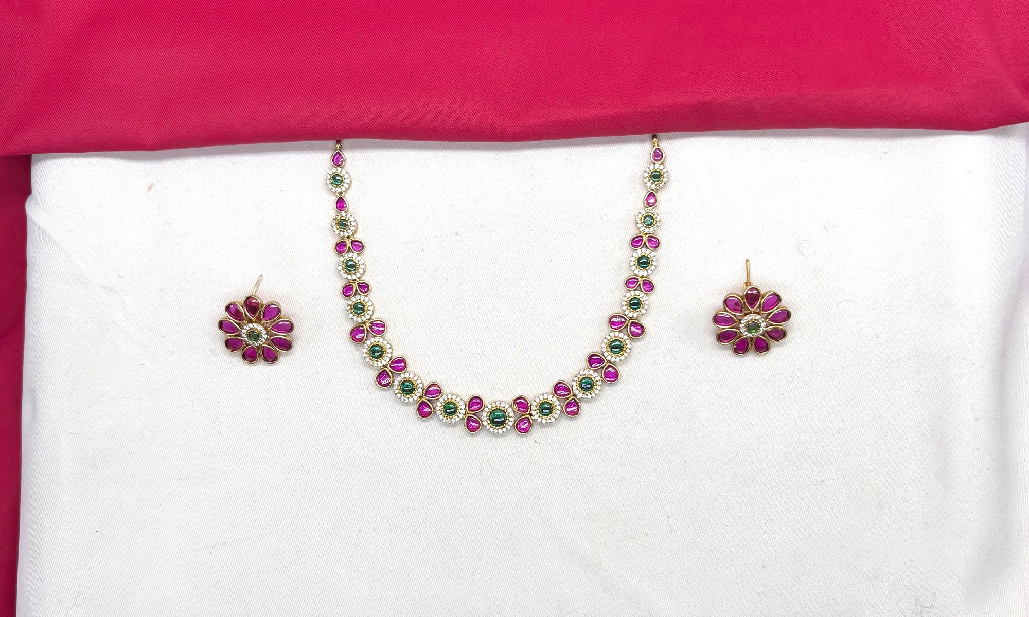 Matte finishing American Diamonds with pink & Green stones Short Necklace