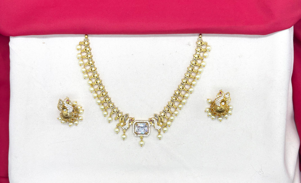 Matte finishing Peacock design with white stone pearls Short Necklace