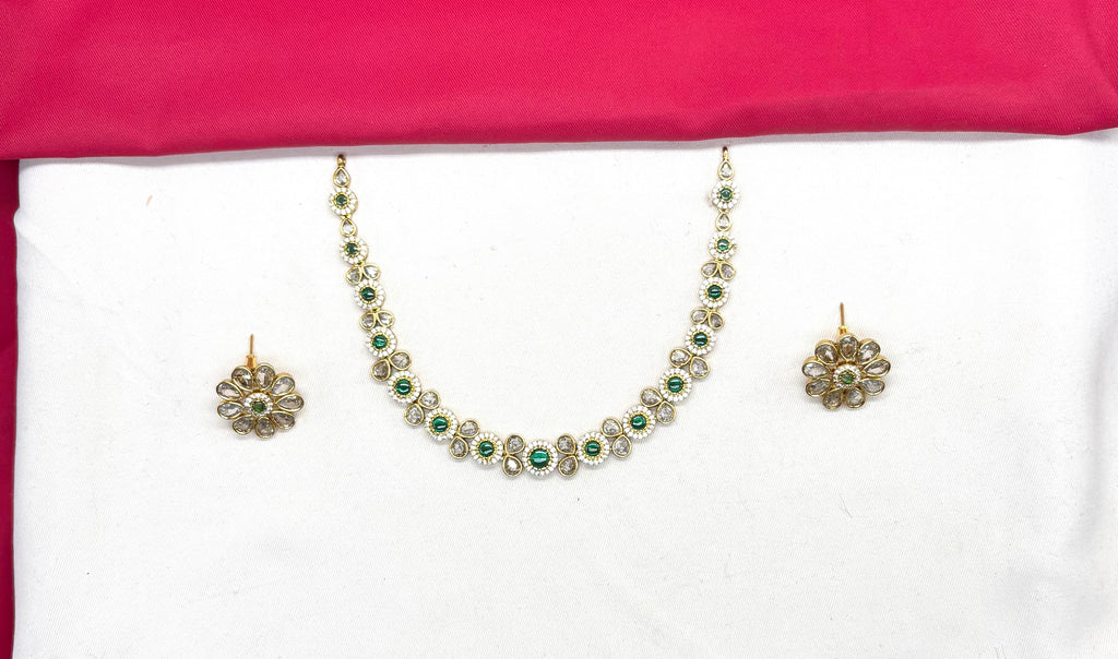 Matte finishing American Diamonds with Green stones Short Necklace