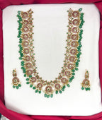 Jadau Kundan Green stones with  white pearls Long Necklace