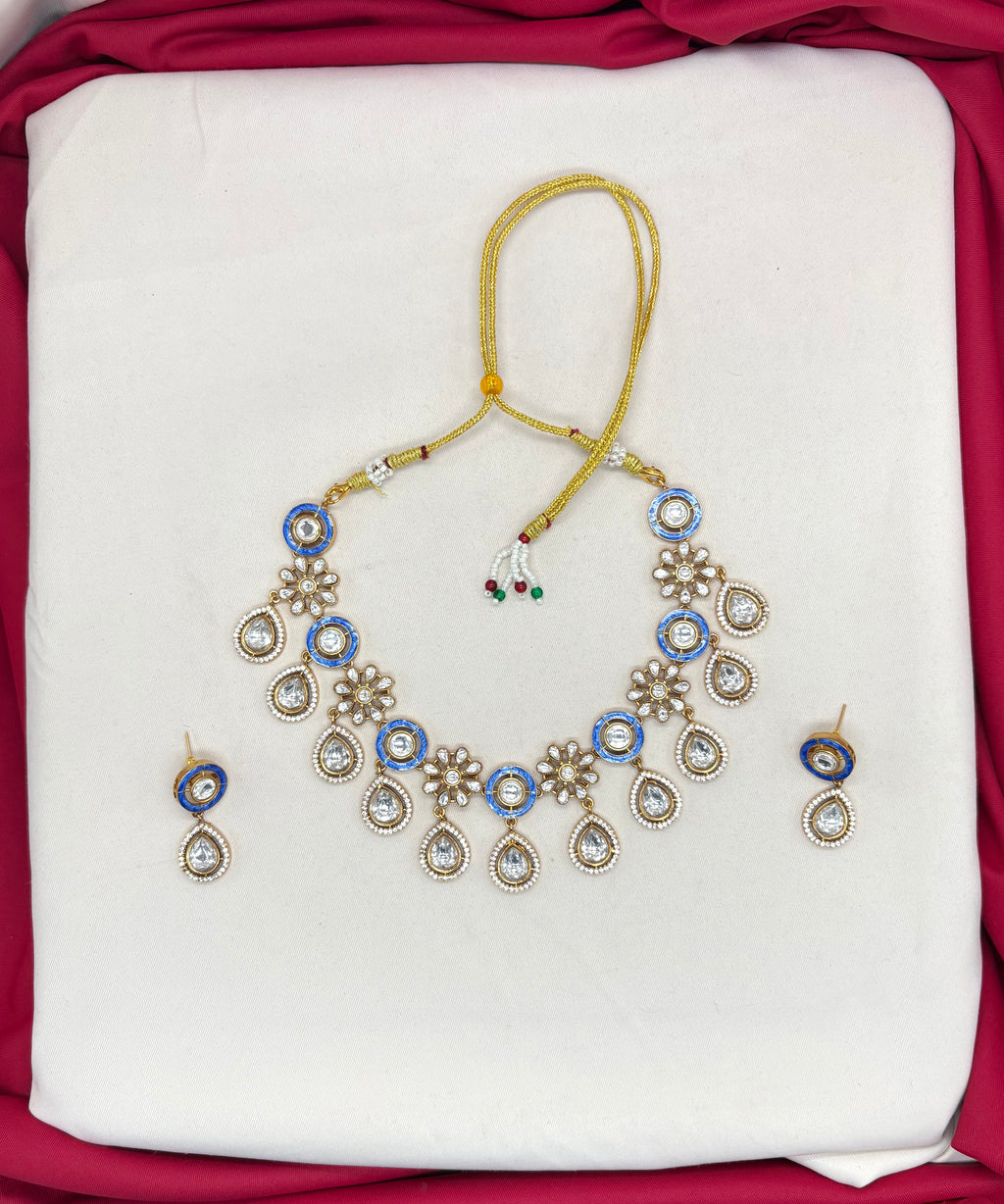 Premium Moissanite Stones floral design Blue circle finish Short Necklace