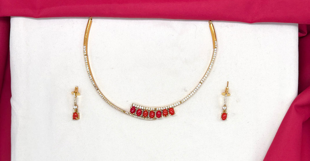 Matte finishing American Diamond Coral stone Short Kanti