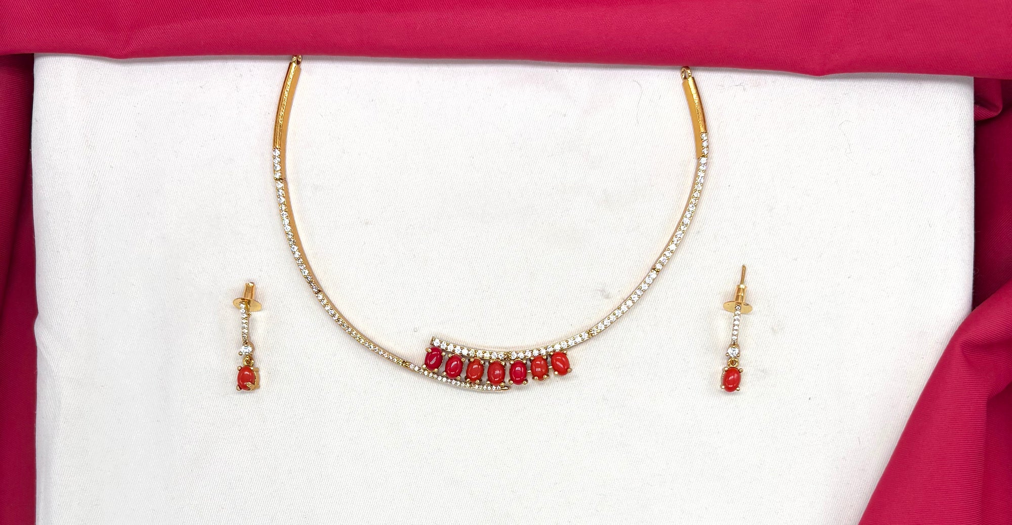 Matte finishing American Diamond Coral stone Short Kanti