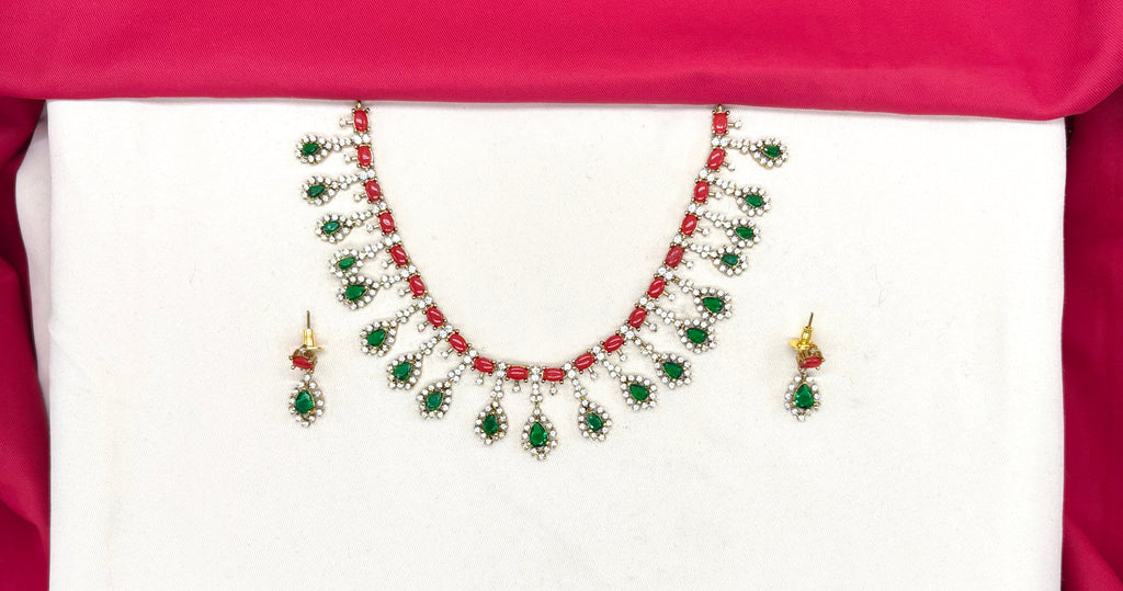 Victorian finishing American Diamond and corals stones Short Necklace