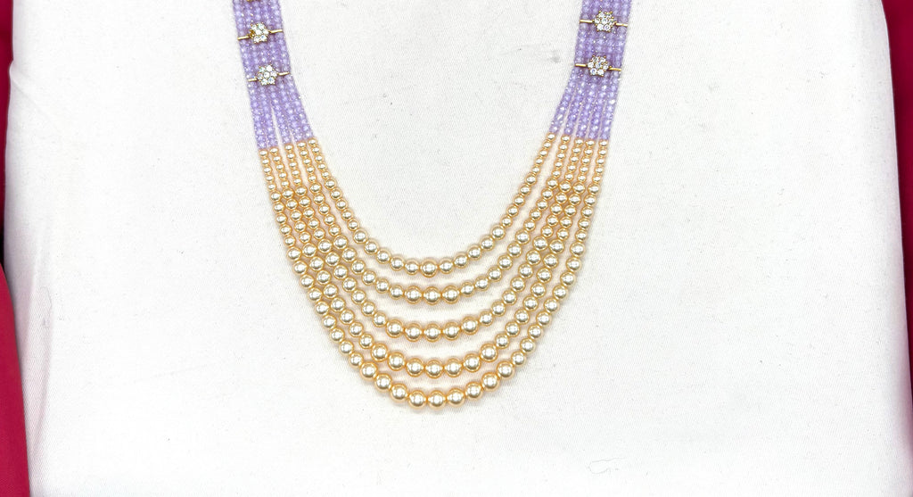Premium Cubic Zirconia Purple beads and pearls AD with flowers design small locket Mala for Unisex