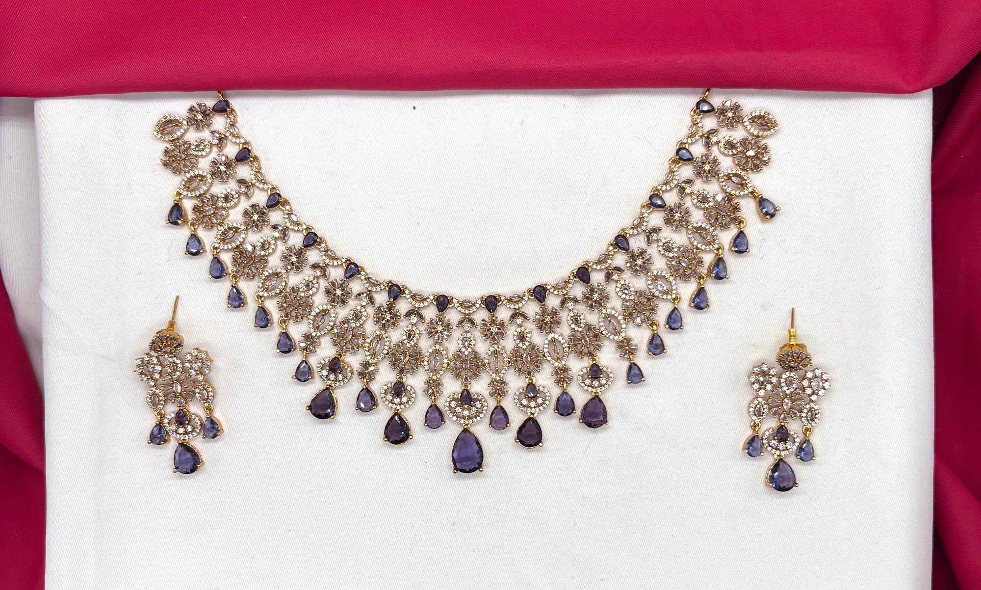 Premium matte finish American Diamonds flower design with Purple Stones Short Necklace