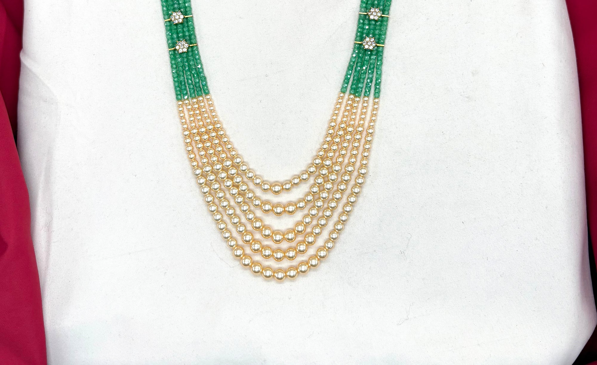 Premium Cubic Zirconia Mint-Green beads and pearls AD with flowers design small locket Mala for Unisex