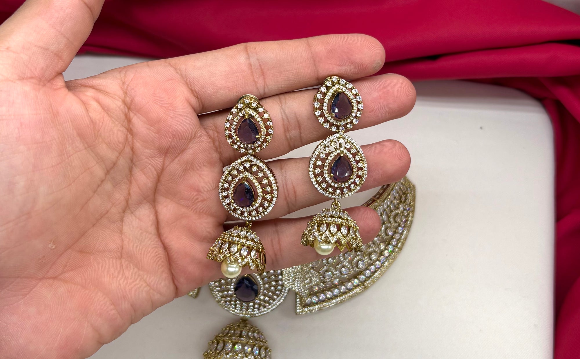 Victorian finishing American Diamonds with Purple stones Choker