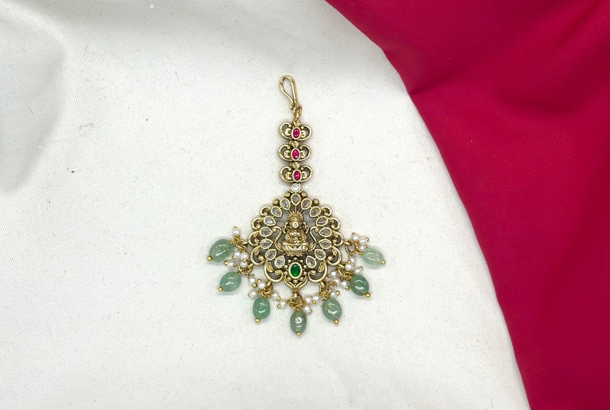 Matte finishing white stones with mint green beads Maang tikka