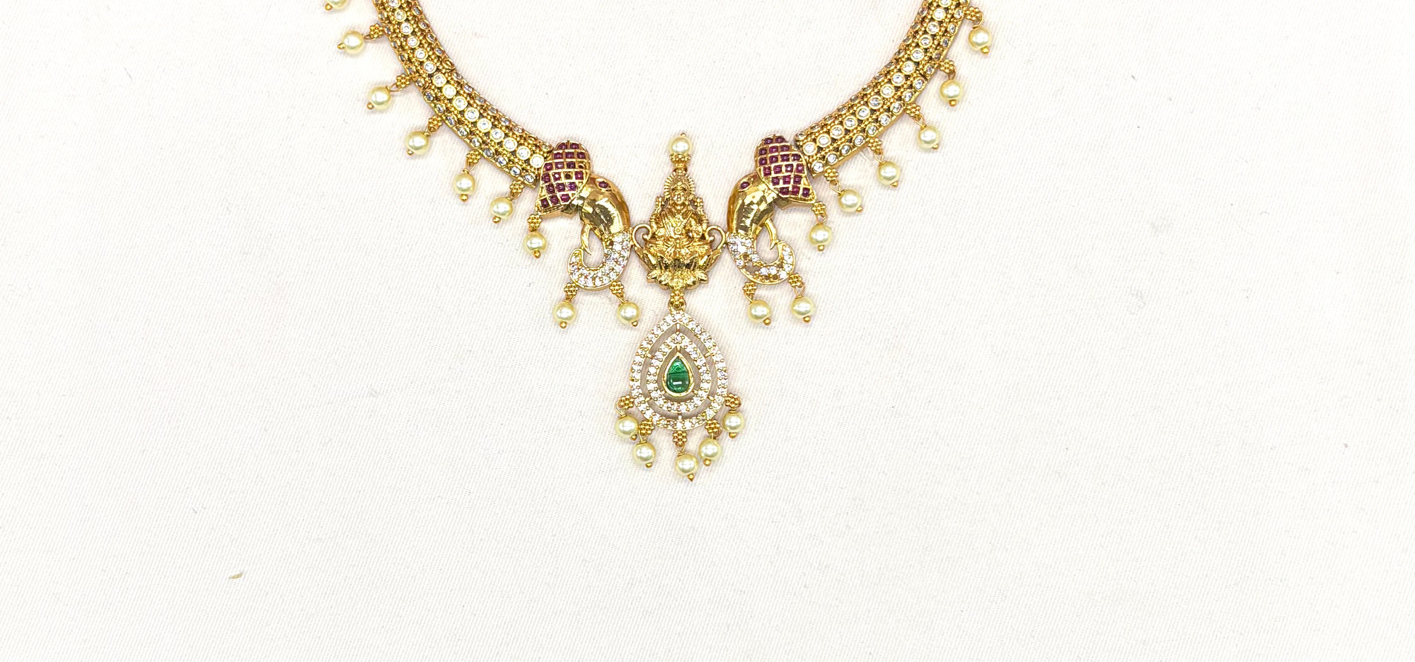 Matte finishing American Diamonds with Elephant finish Lord Lakshmi Short Kanti Necklace