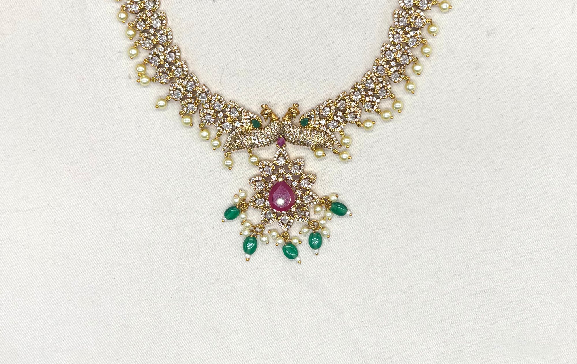 Matte finishing American Diamonds peacock design Short Necklace