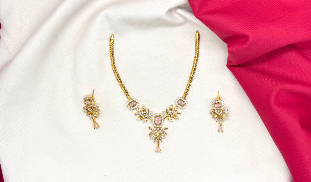 American Diamond Zirconia
Pink Studded Floral Short Necklace