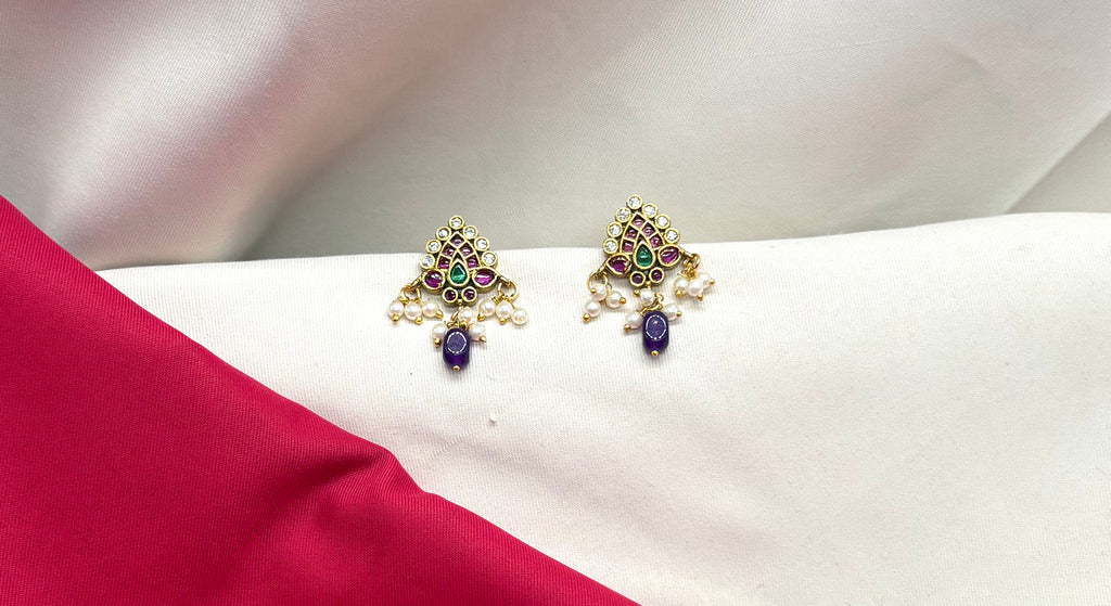 kempu lotus design AD stones  Purple Bead drop Earrings