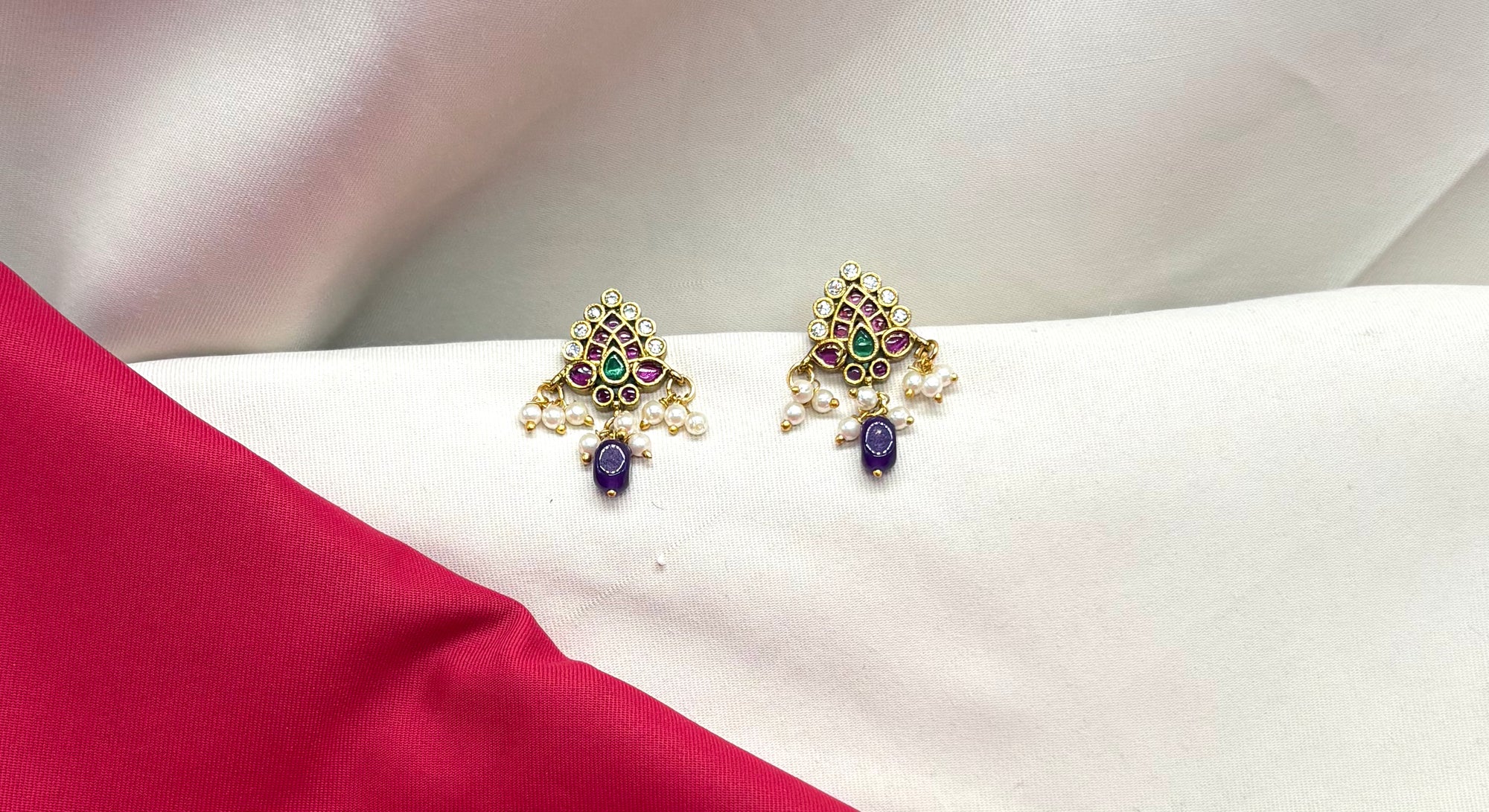 kempu lotus design AD stones  Purple Bead drop Earrings