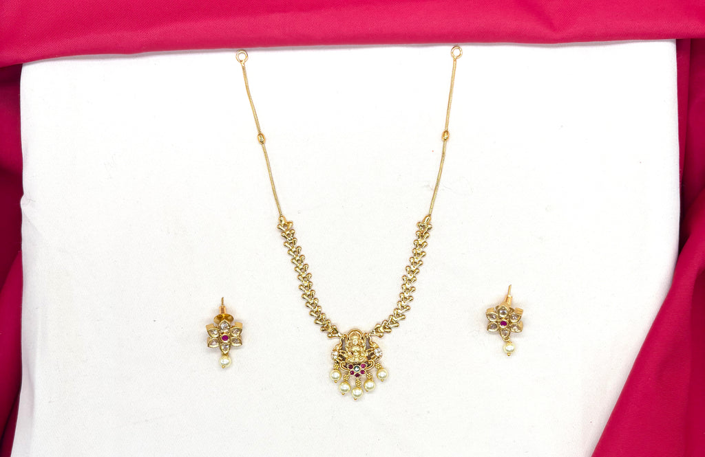 Matte finishing Lord Lakshmi pendant with floral chain Short Necklace
