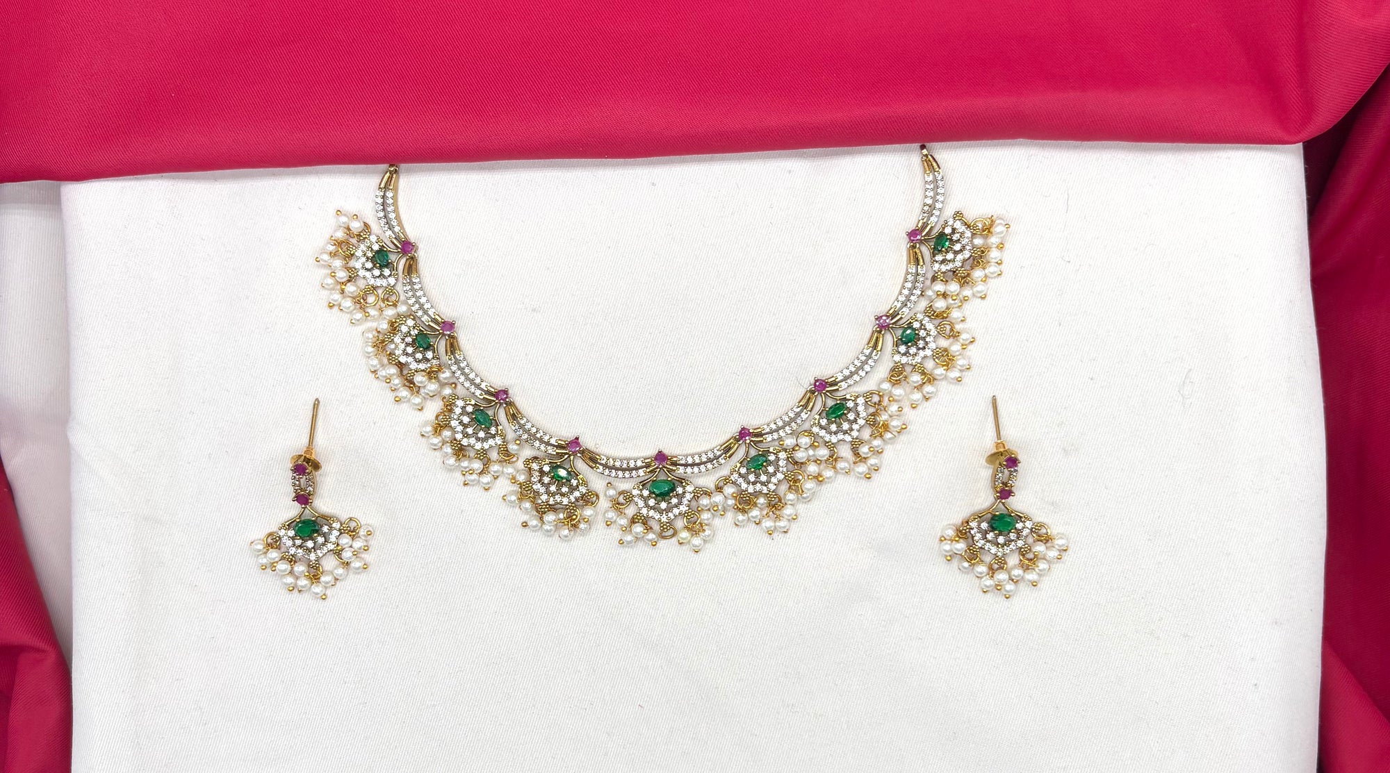 Matte finishing American Diamonds with Pink stones and Guttapusalu Short Necklace
