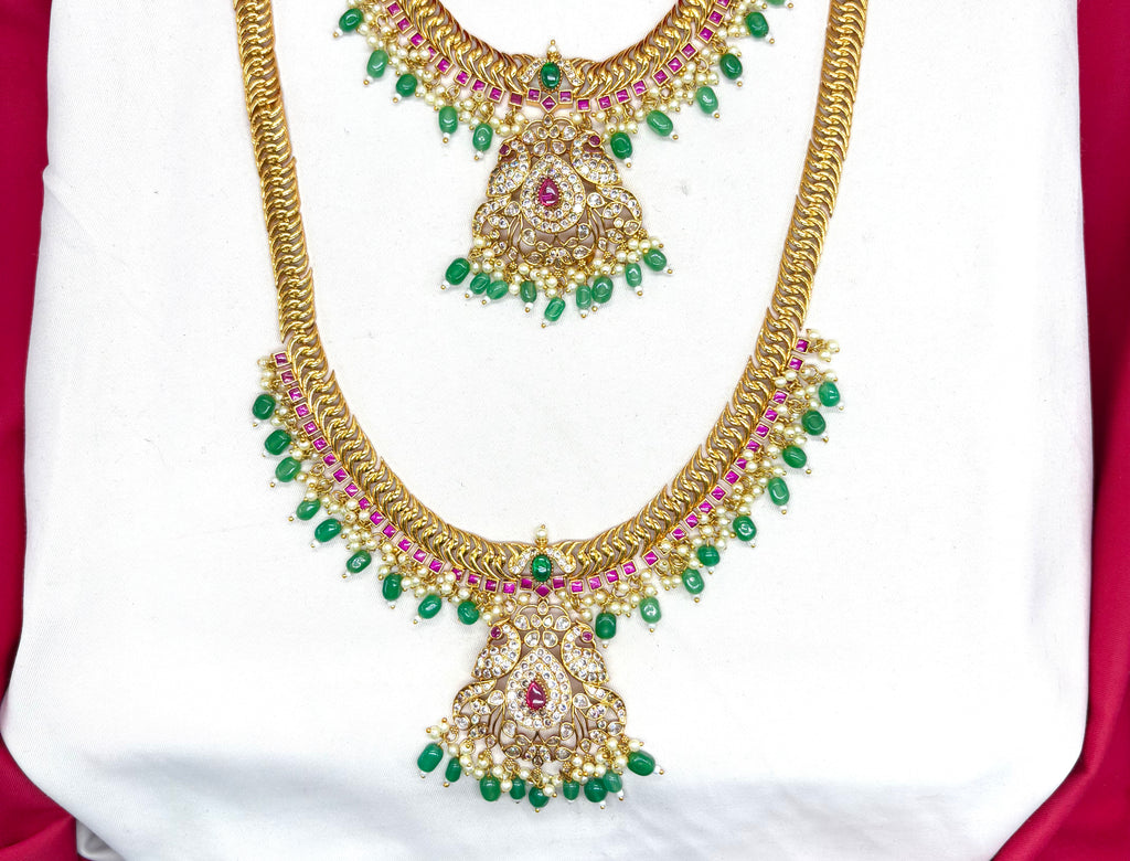 Matte finishing peacock design with Green beads Mango Combo-Set Necklace