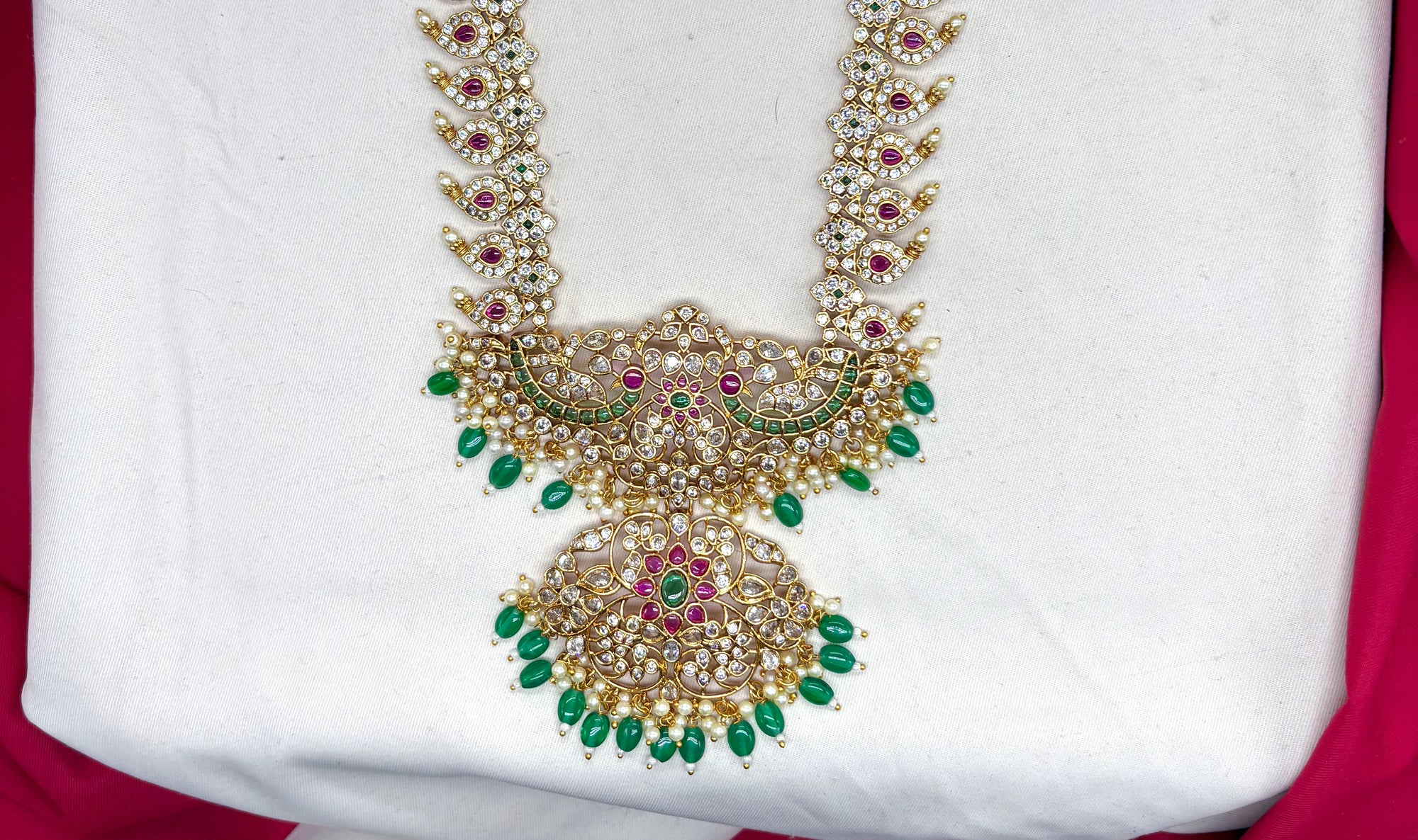 Premium Jadau Kundan Mango Design with Red Beads Long Haram Necklace