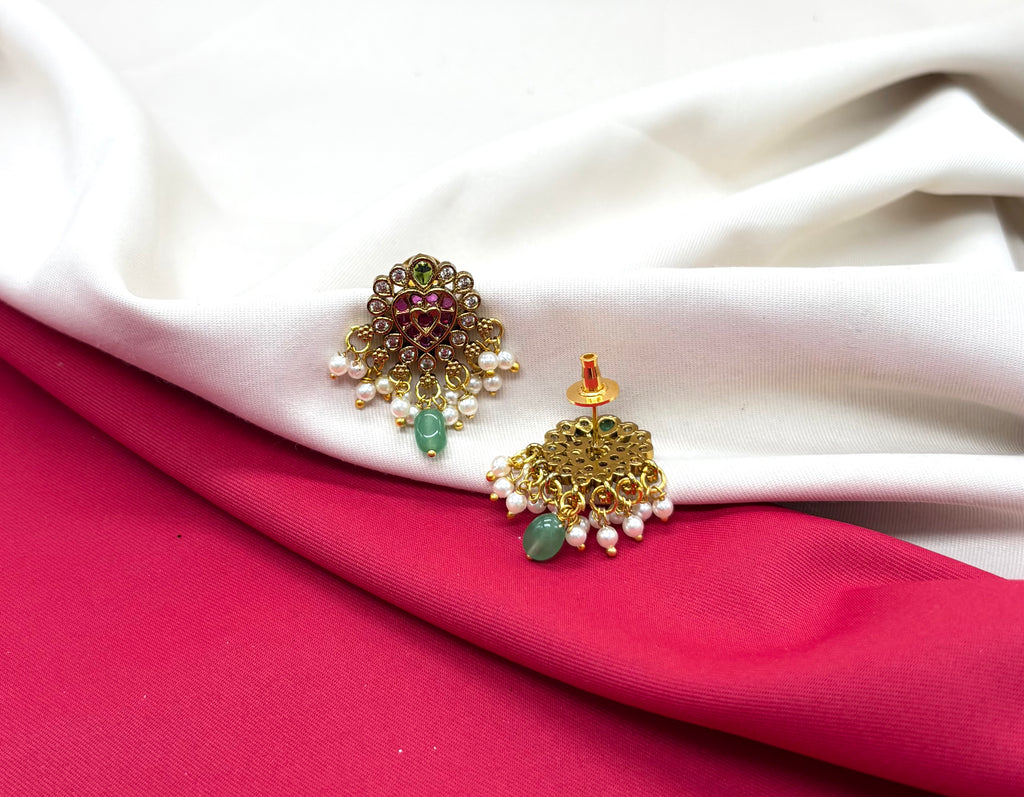 Kempu jadau Hearted design dangling Mint-Green stone drop Earring