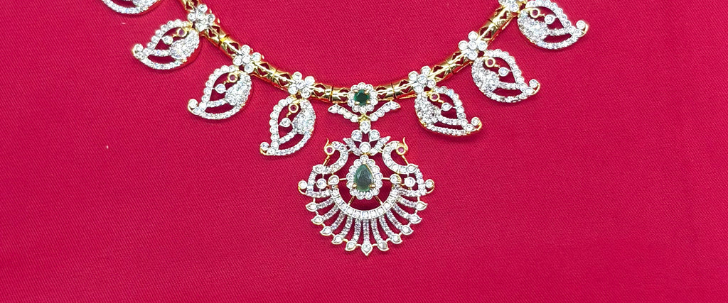 Premium G.J finishing leaf design with American Diamonds peacock pendent Short Necklace
