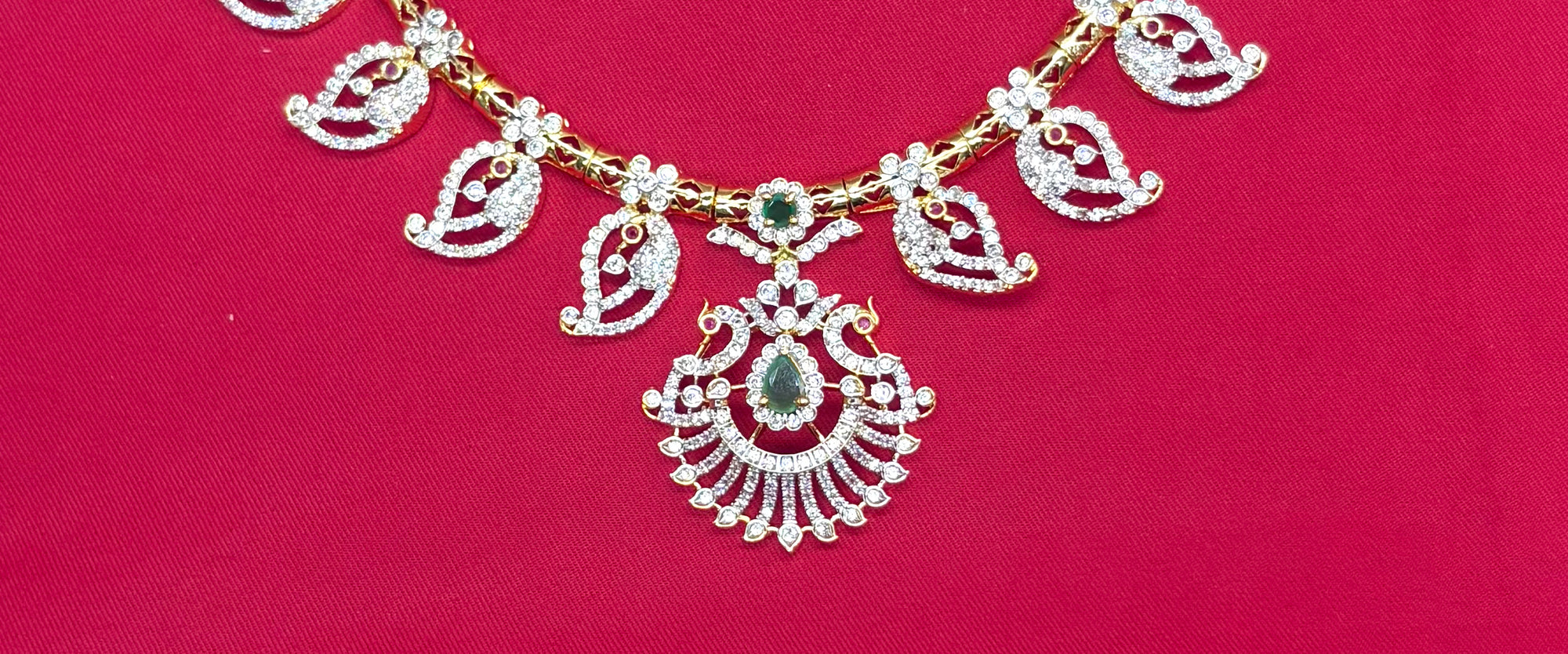 Premium G.J finishing leaf design with American Diamonds peacock pendent Short Necklace
