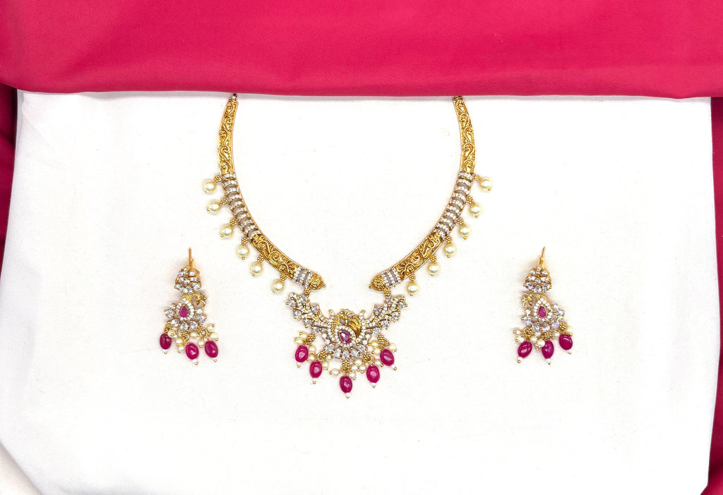 Matte finishing American Diamonds with peacock design with Pink Beads Kanti