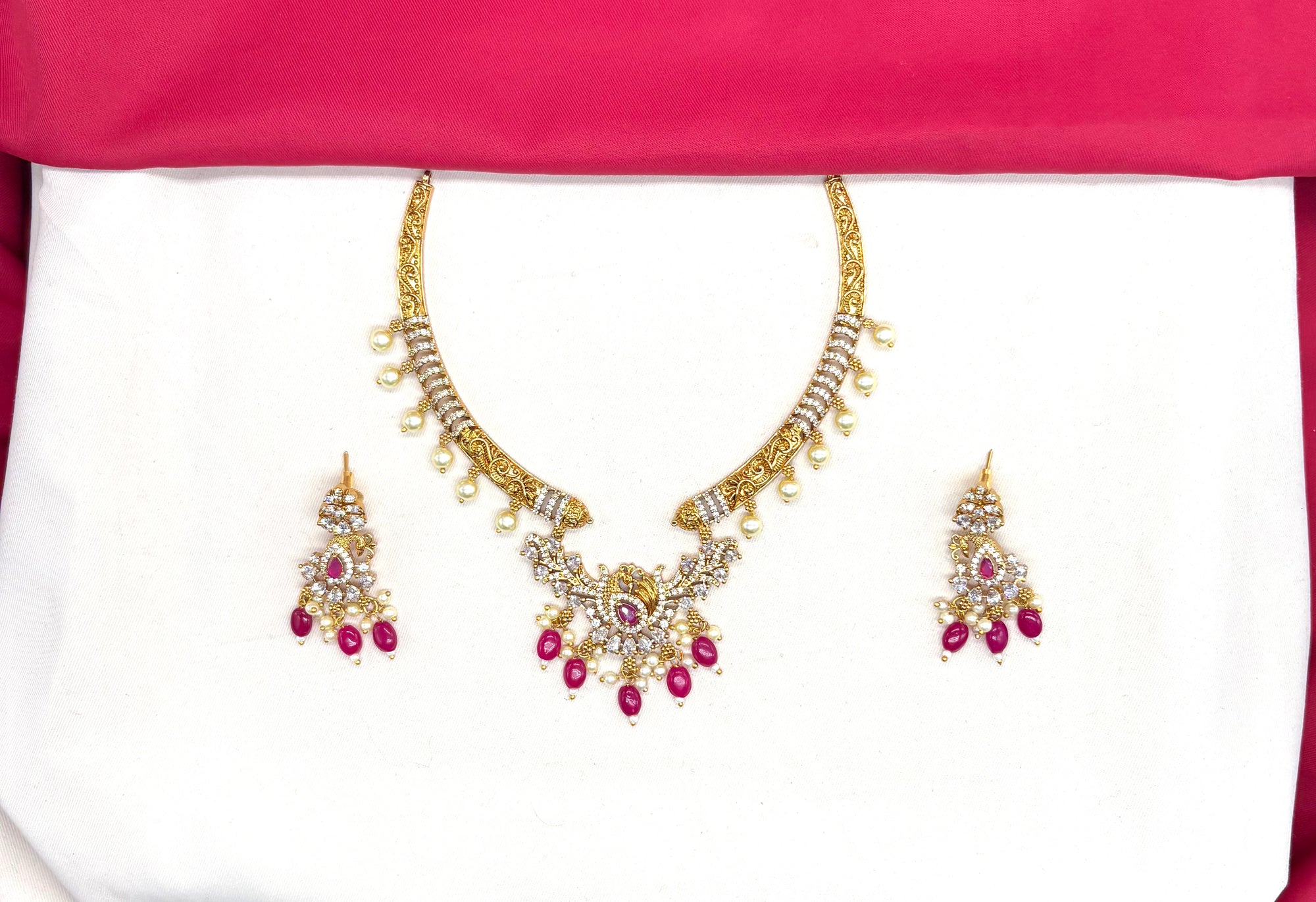 Matte finishing American Diamonds with peacock design with Pink Beads Kanti