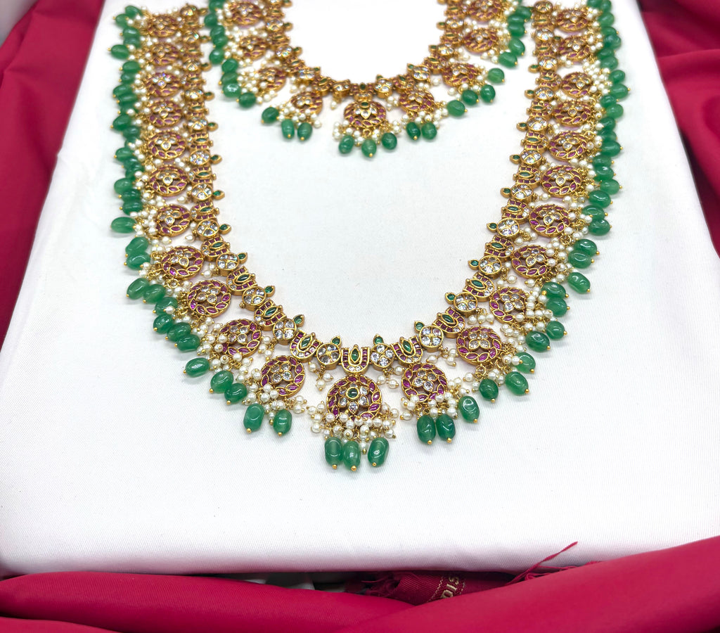 Jadau Kundan Green stones with  white pearls Combo-Set
