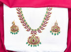 Premium Jadau kundan with floral finish and Green beads Short Necklace
