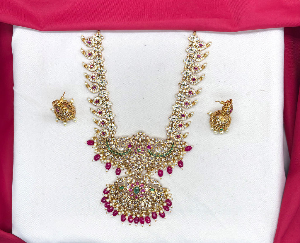Premium Jadau Kundan Mango Design with Red Beads Long Haram Necklace