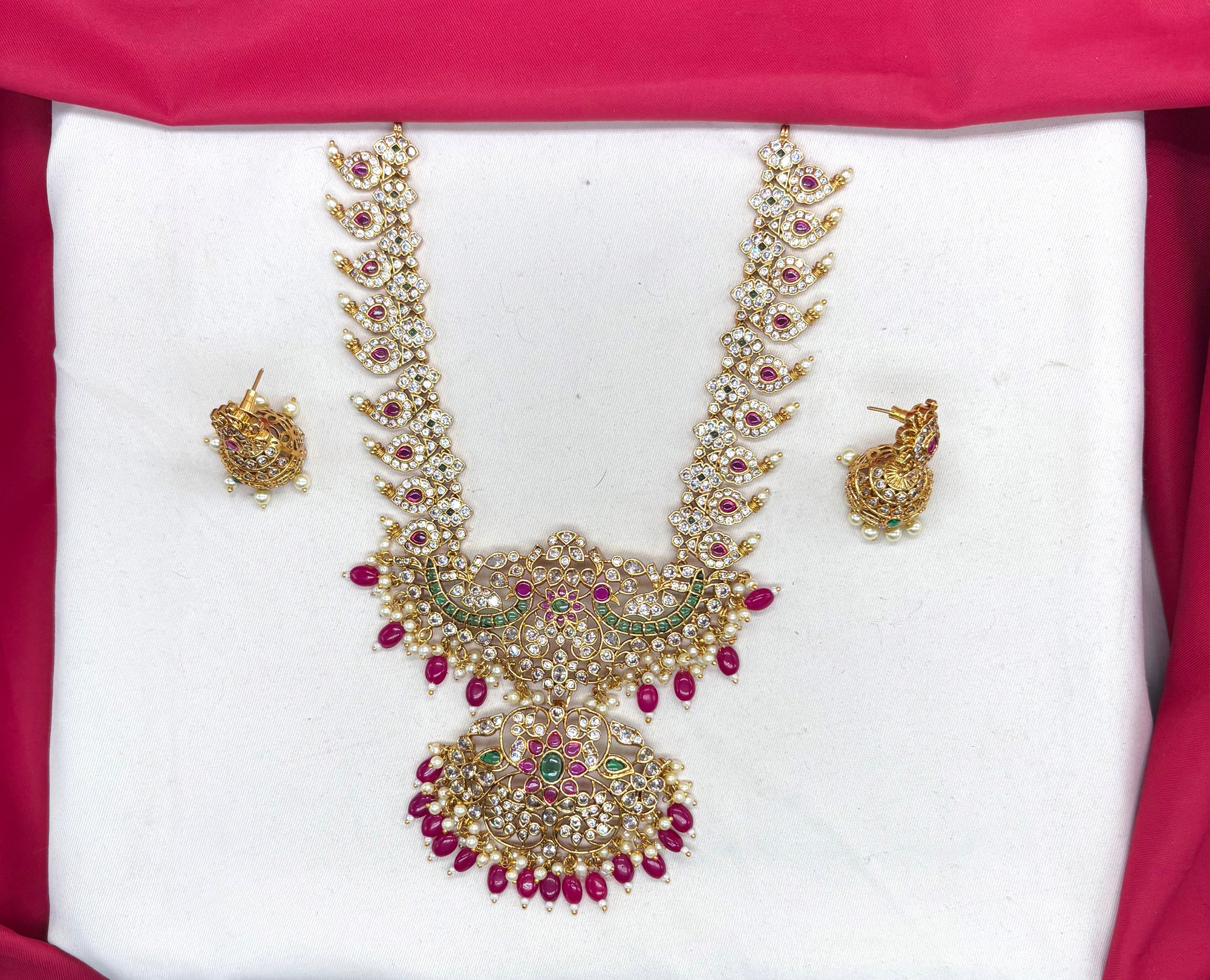 Premium Jadau Kundan Mango Design with Red Beads Long Haram Necklace