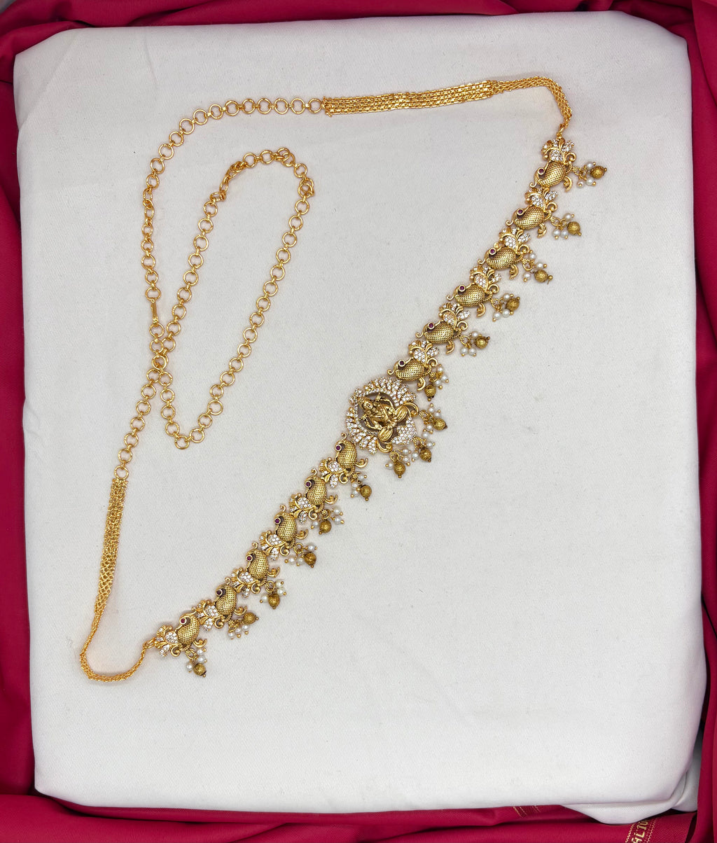 Matte finishing Lord Lakshmi AD stones with peacock design Chain Vaddanam