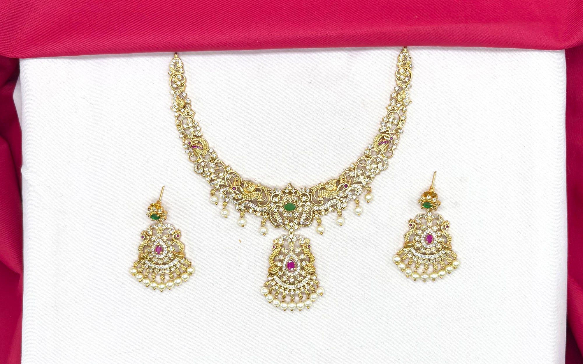Matte finishing peacock design with White pearls Short Necklace