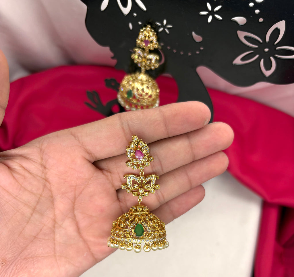 Matte finishing floral design with Ad stones pink & Green stone Jhumka Earring