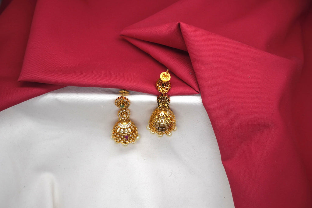 Matte finishing American Diamonds with white pearls Jhumkas Earring