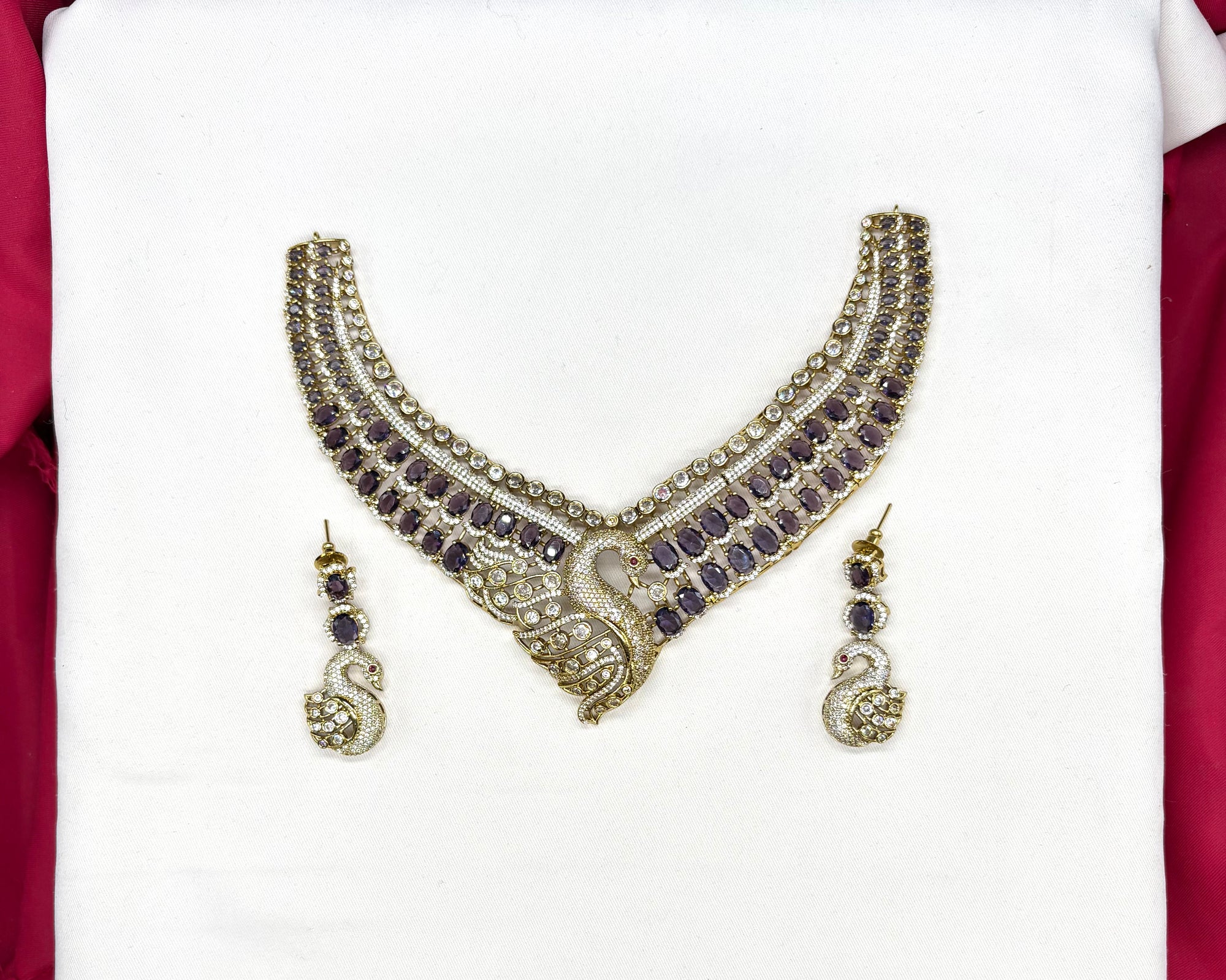 Premium Victorian finishing peacock design American diamonds With Purple stones Necklace