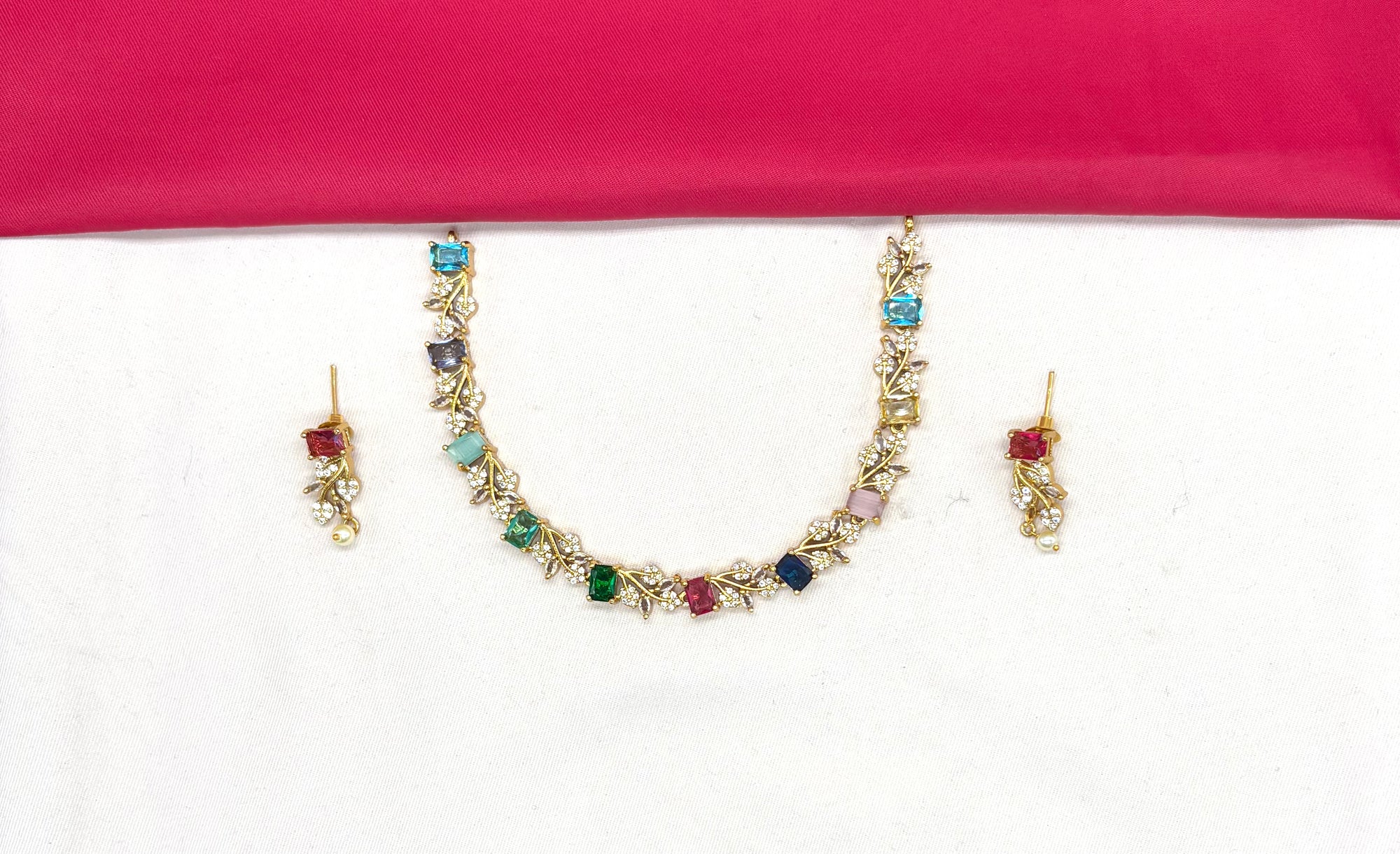 Matte finishing Multi-stones with  American Diamonds Short Necklace