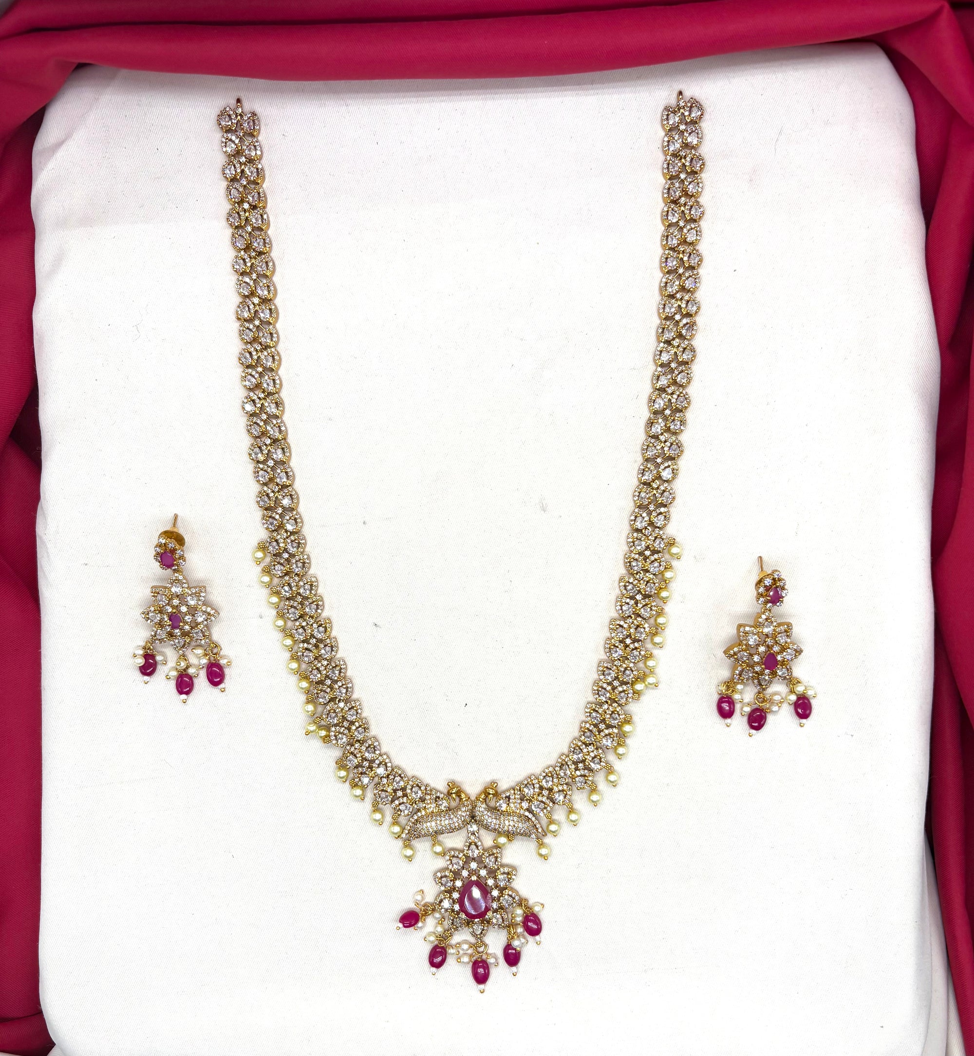 Matte finishing American Diamonds peacock design Long Haram Necklace