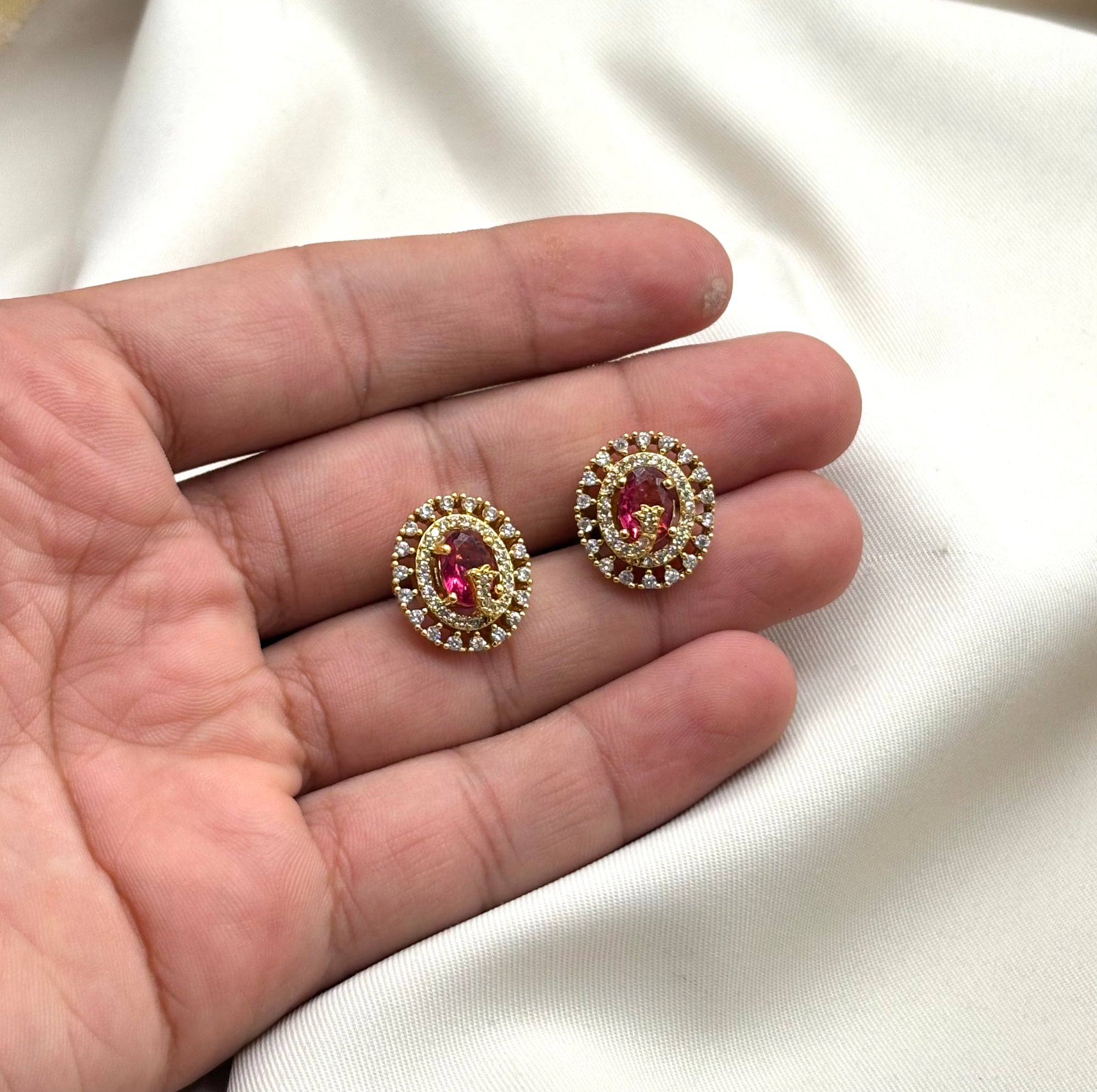 Victorian finish American Diamonds with Red stone stud Earring