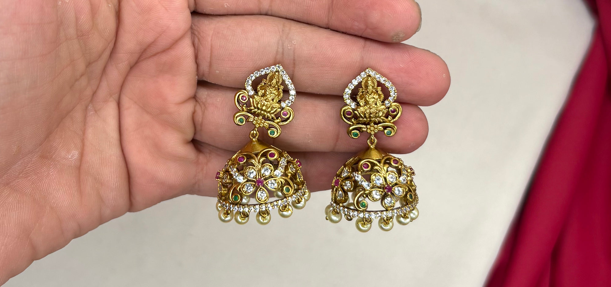 Premium Layered Lord Lakshmi design pendent Green stones Rani-Haram