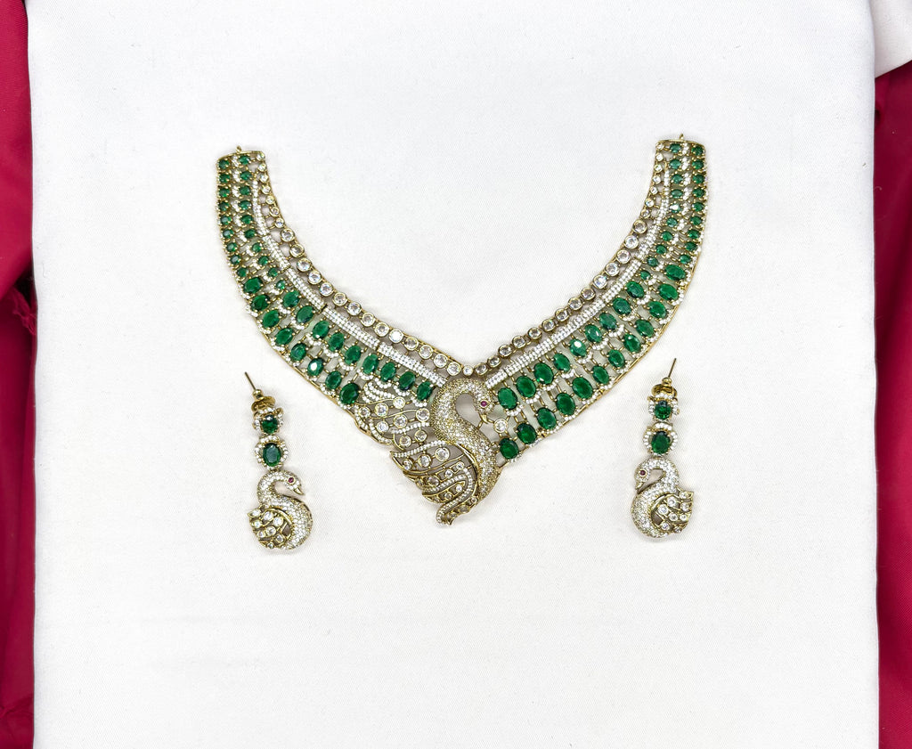 Premium Victorian finishing peacock design American diamonds With Green stones Necklace
