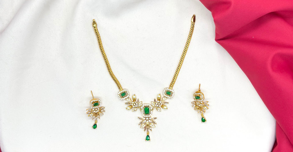 American Diamond Zirconia
Green Studded Floral Short Necklace