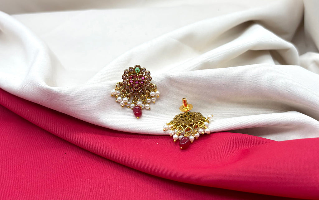 Kempu jadau heart-shaped design dangling Red stone drop.