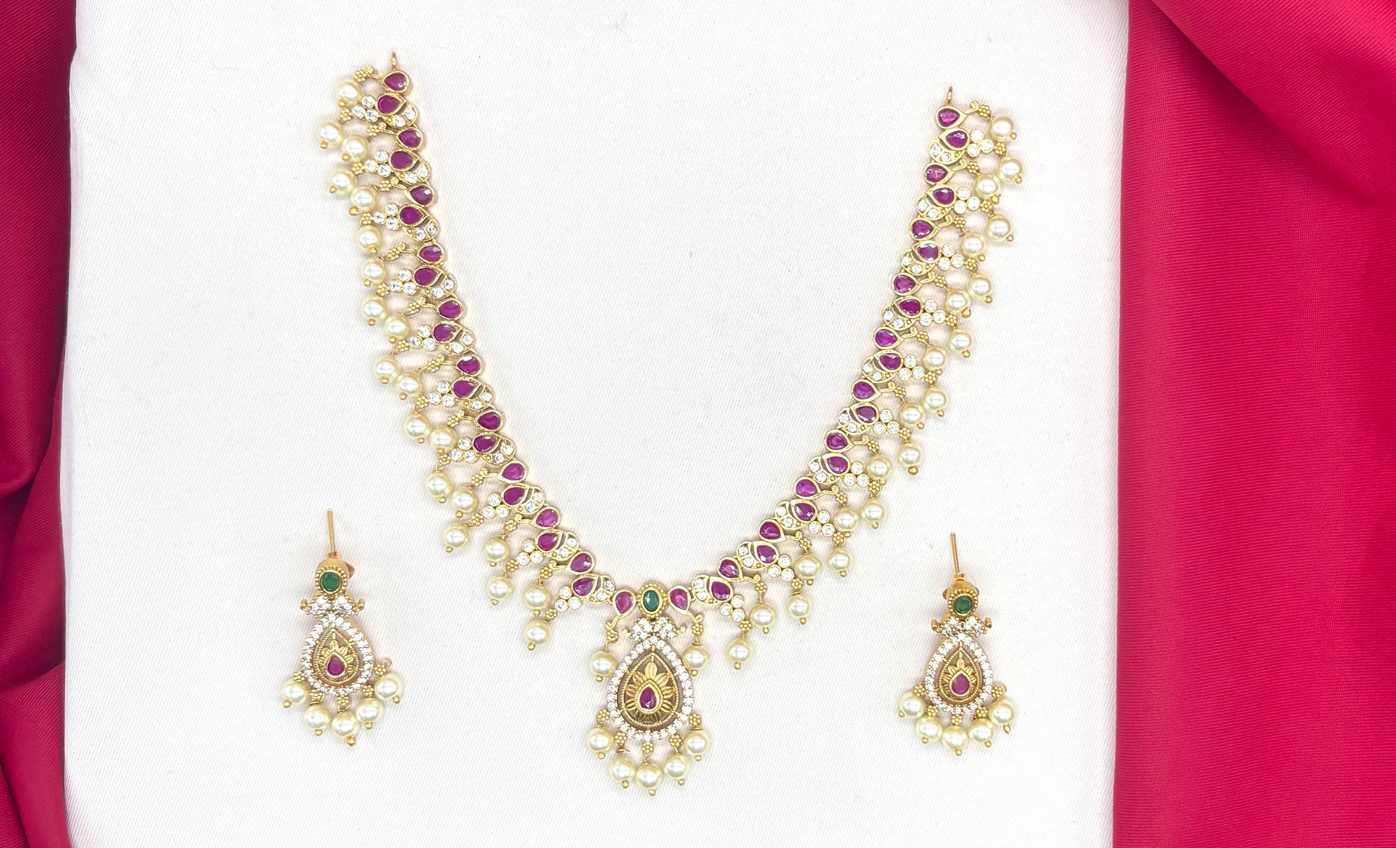 Matte finishing AD stone,pink stones and pearls Short Necklace